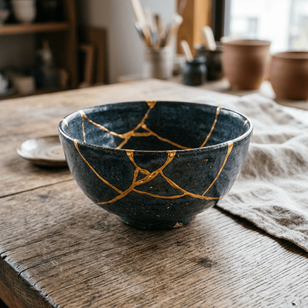 Kintsugi bowl with gold cracks